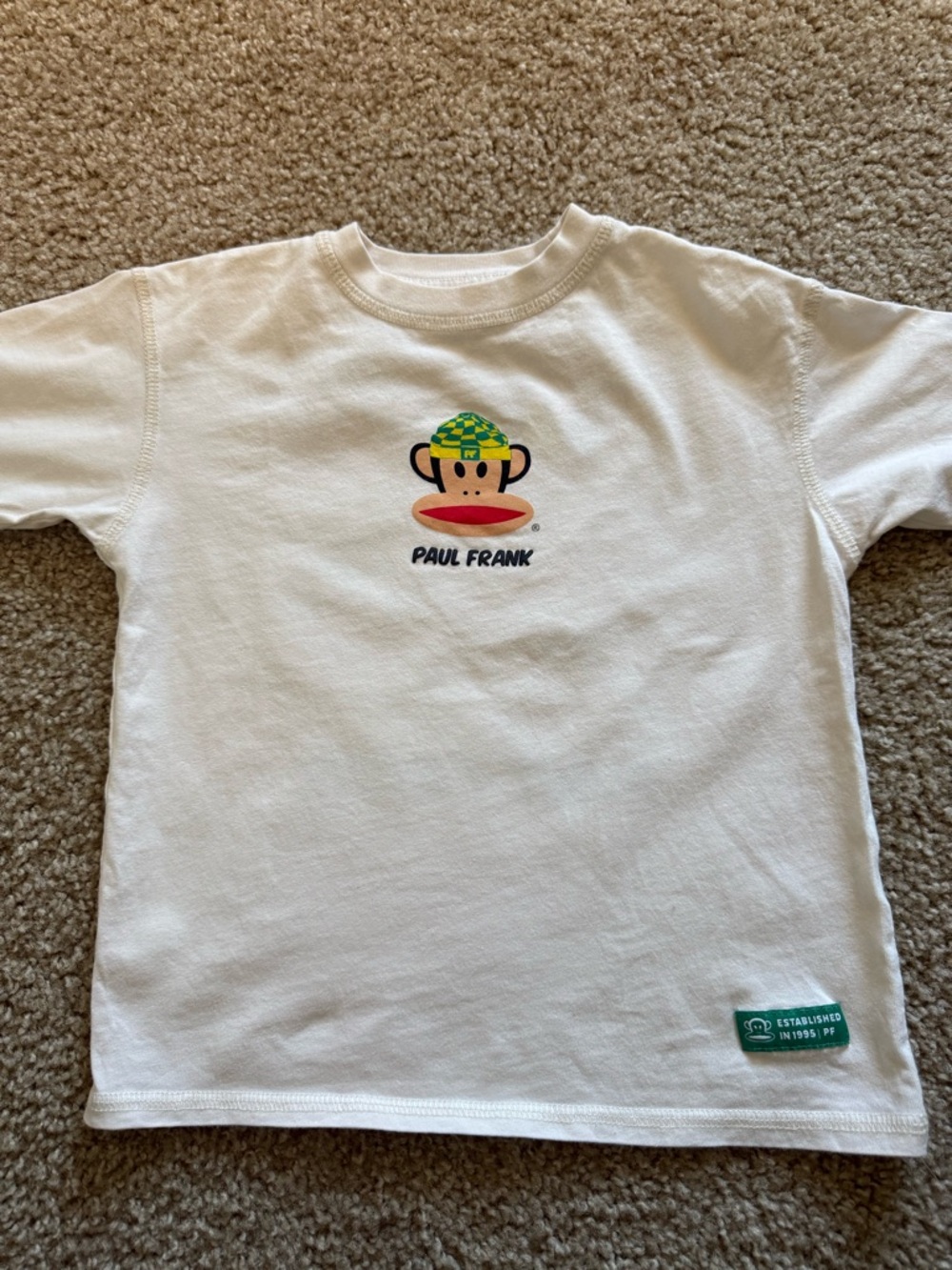 Paul Frank White Tee with Julius Monkey and Green Hat Accent